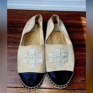Tory Burch pearl espadrilles cap toe flats leather and suede espadrilles